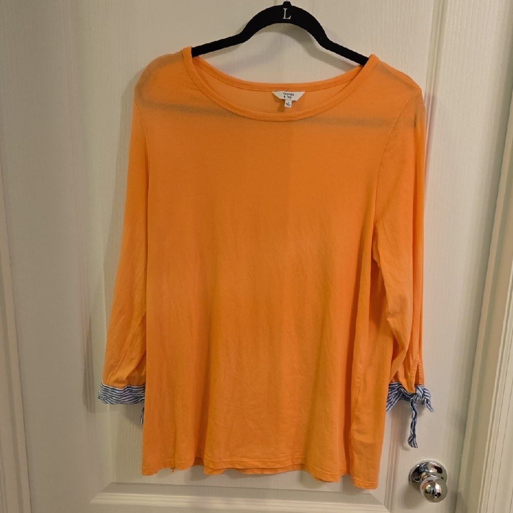 Crown & Ivy Orange Blouse with Blue Striped Cuffs Womens EUC